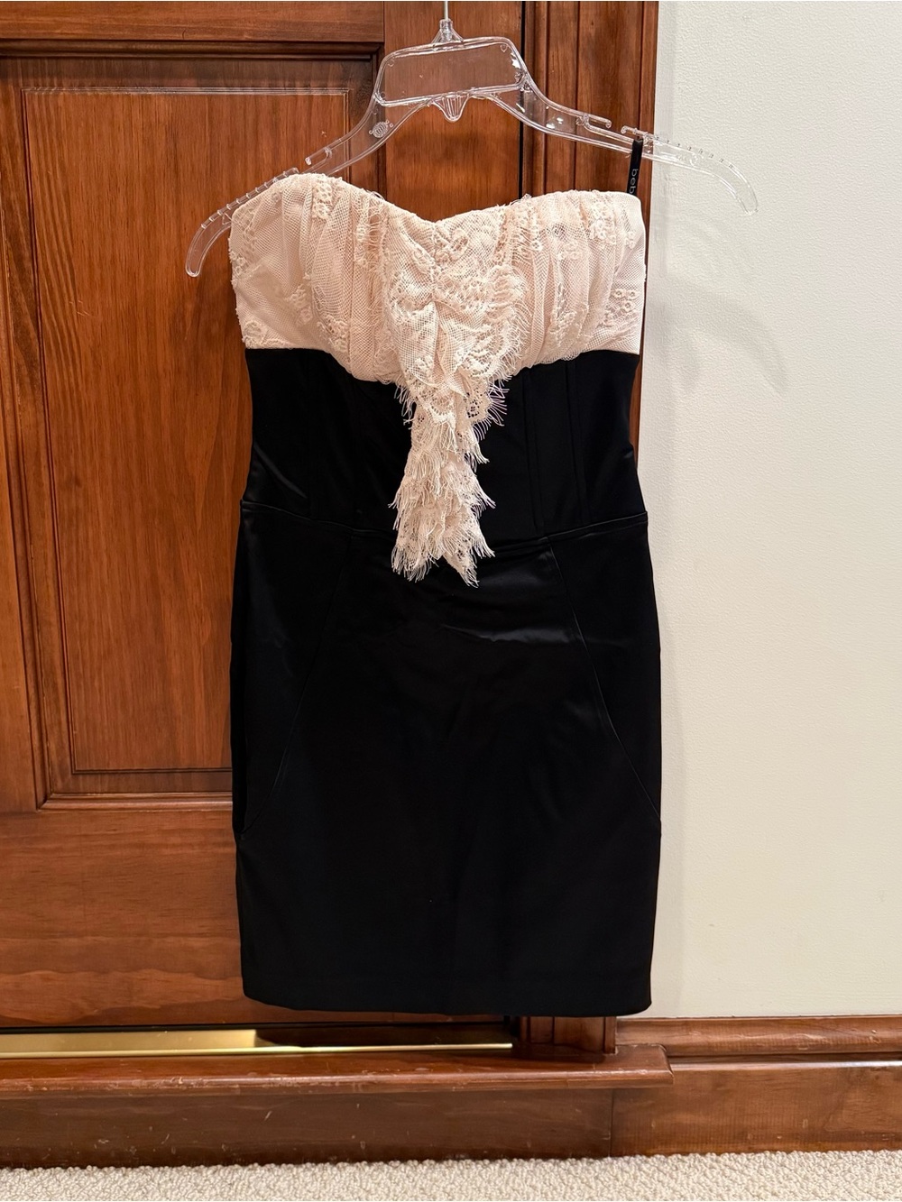 Bebe Strapless Black and Cream Lace-Trim Cocktail Dress